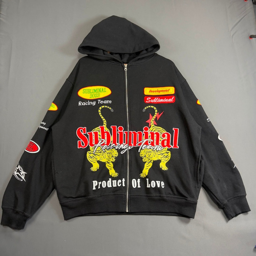 ALPHA COLLECTIVE Graphic Zip Hoodie Men's Large Black Tiger Racing Full Zip Y2K